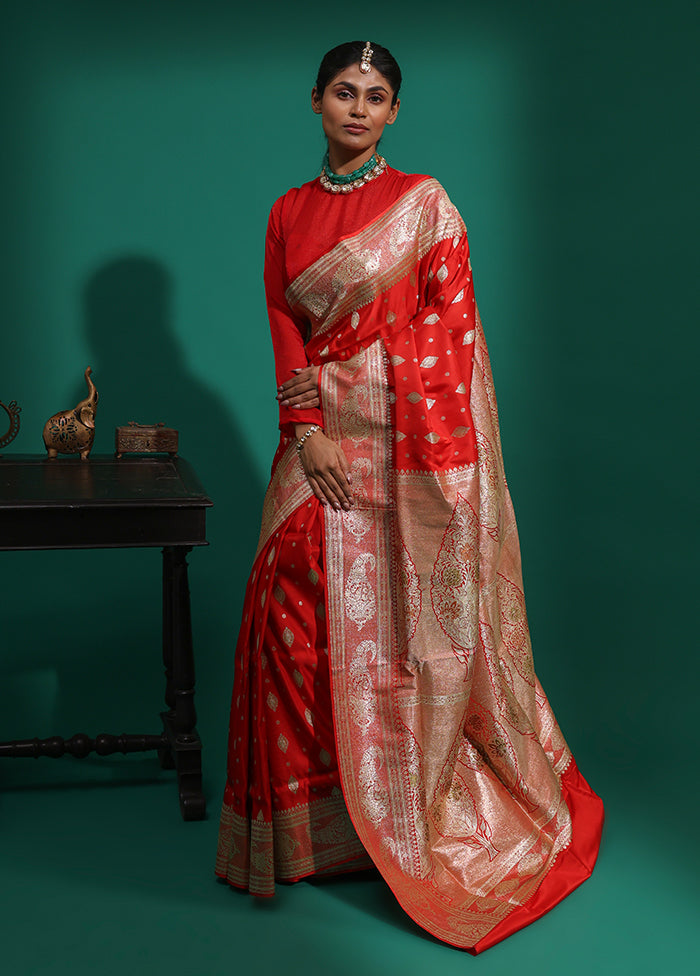 Red Handloom Banarasi Pure Silk Saree With Blouse Piece