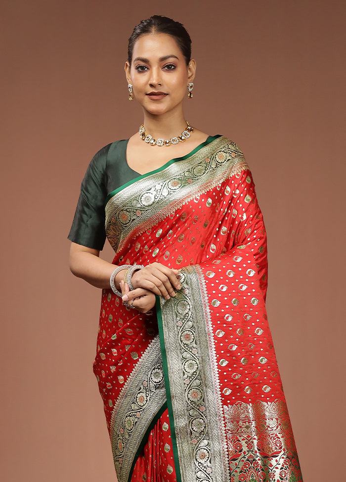 Red Banarasi Silk Saree With Blouse Piece