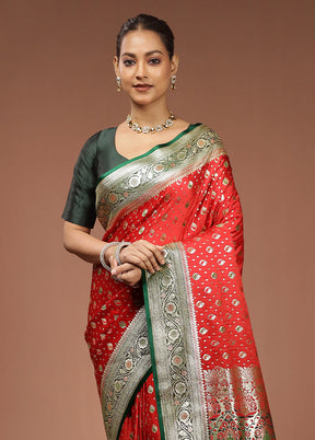 Red Banarasi Silk Saree With Blouse Piece