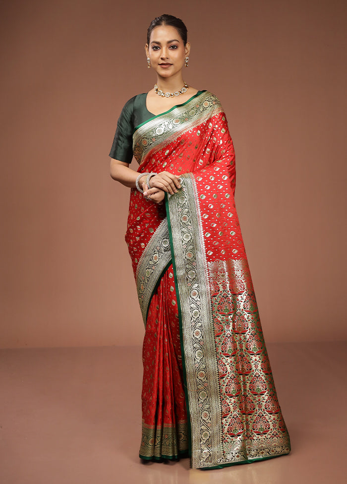 Red Banarasi Silk Saree With Blouse Piece