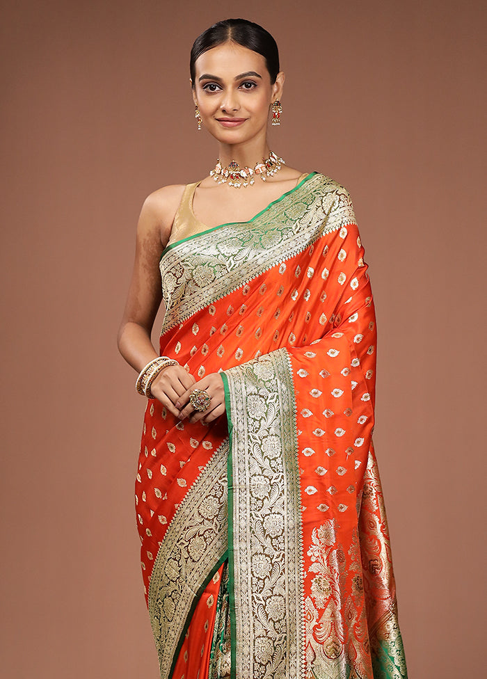 Rust Handloom Banarasi Pure Silk Saree With Blouse Piece