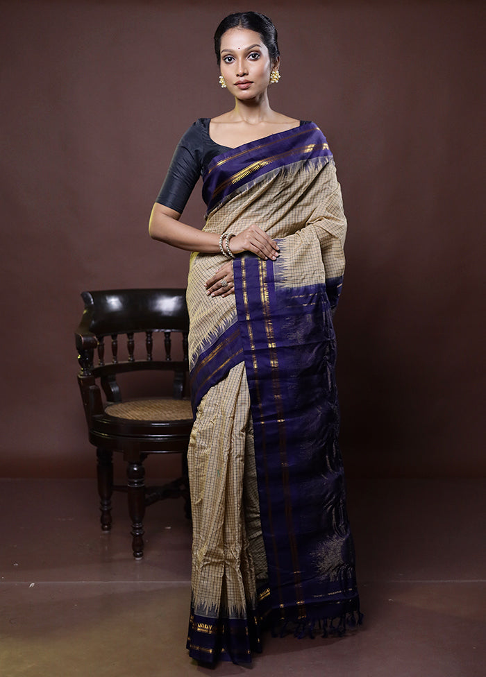 Cream Gadwal Pure Silk Saree Without Blouse Piece