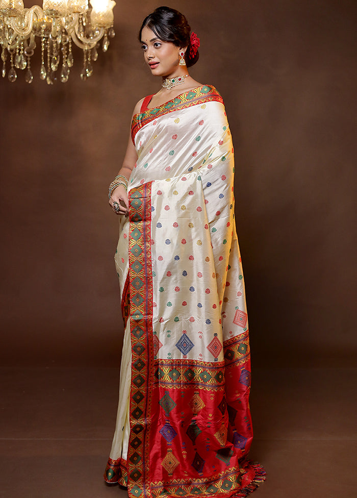 Cream Handloom Assam Pure Silk Saree With Blouse Piece