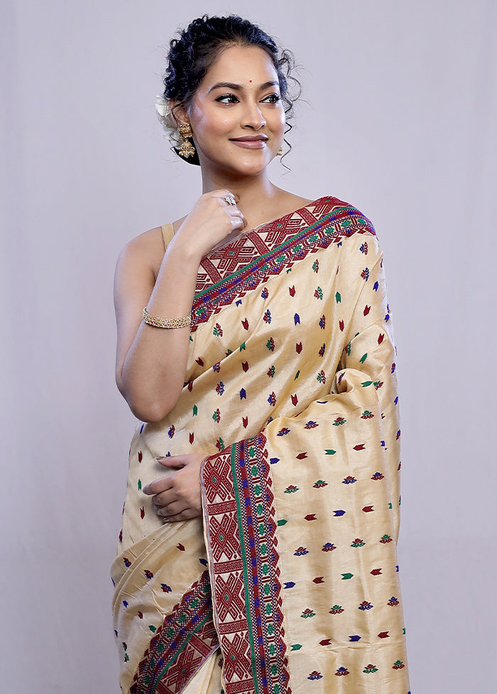 Cream Assam Pure Silk Saree With Blouse Piece - Indian Silk House Agencies