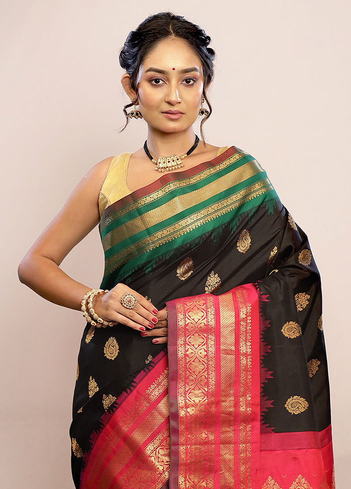 Black Gadwal Pure Silk Saree Without Blouse Piece - Indian Silk House Agencies