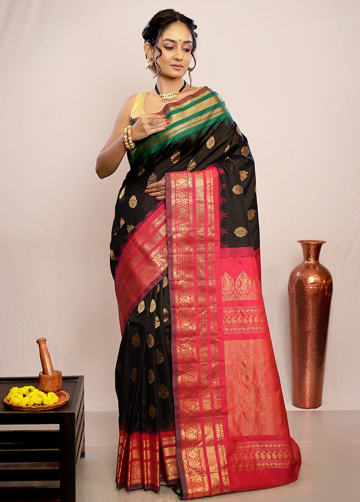 Black Gadwal Pure Silk Saree Without Blouse Piece - Indian Silk House Agencies