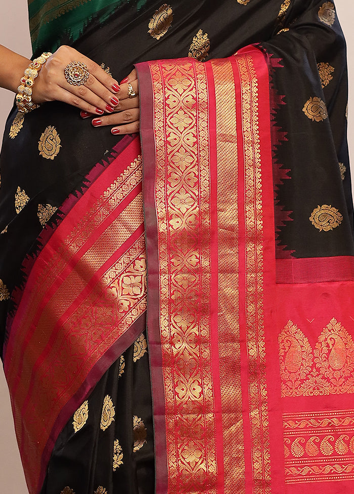 Black Gadwal Pure Silk Saree Without Blouse Piece - Indian Silk House Agencies