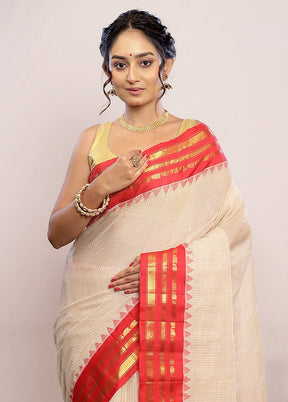 Cream Silk Cotton Gadwal Saree Without Blouse Piece - Indian Silk House Agencies