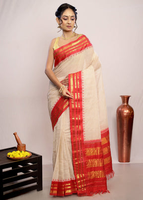 Cream Silk Cotton Gadwal Saree Without Blouse Piece - Indian Silk House Agencies