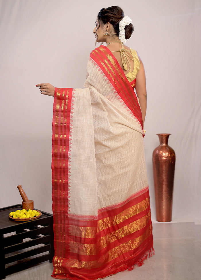 Cream Silk Cotton Gadwal Saree Without Blouse Piece - Indian Silk House Agencies