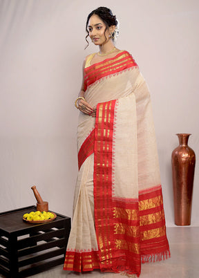 Cream Silk Cotton Gadwal Saree Without Blouse Piece - Indian Silk House Agencies