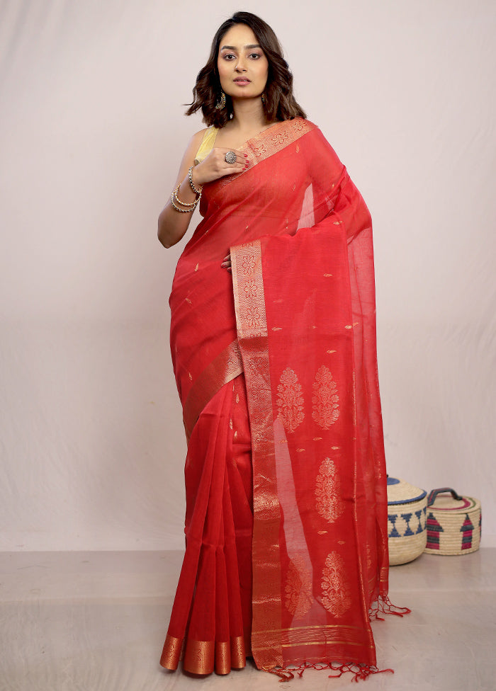 Red Linen Silk Saree With Blouse Piece - Indian Silk House Agencies