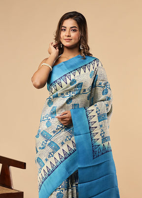 Cream Printed Pure Silk Saree With Blouse Piece