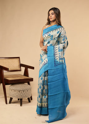 Cream Printed Pure Silk Saree With Blouse Piece