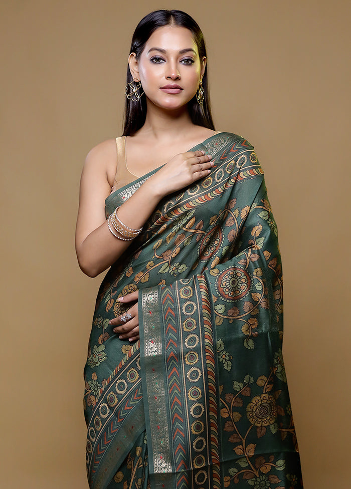 Green Handloom Tussar Pure Silk Saree With Blouse Piece