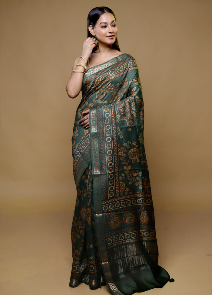 Green Handloom Tussar Pure Silk Saree With Blouse Piece