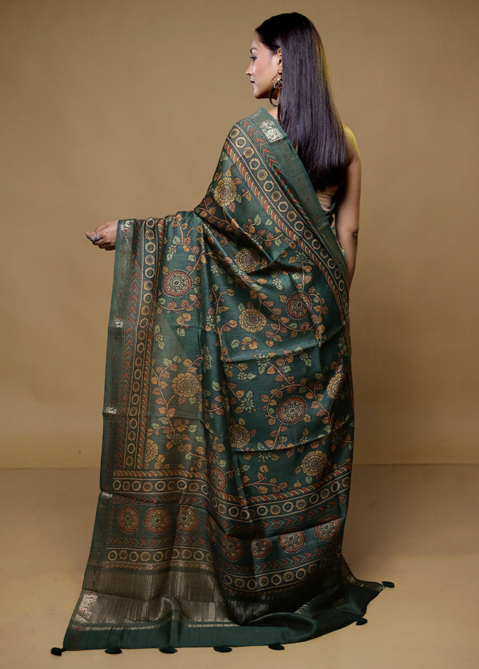 Green Handloom Tussar Pure Silk Saree With Blouse Piece