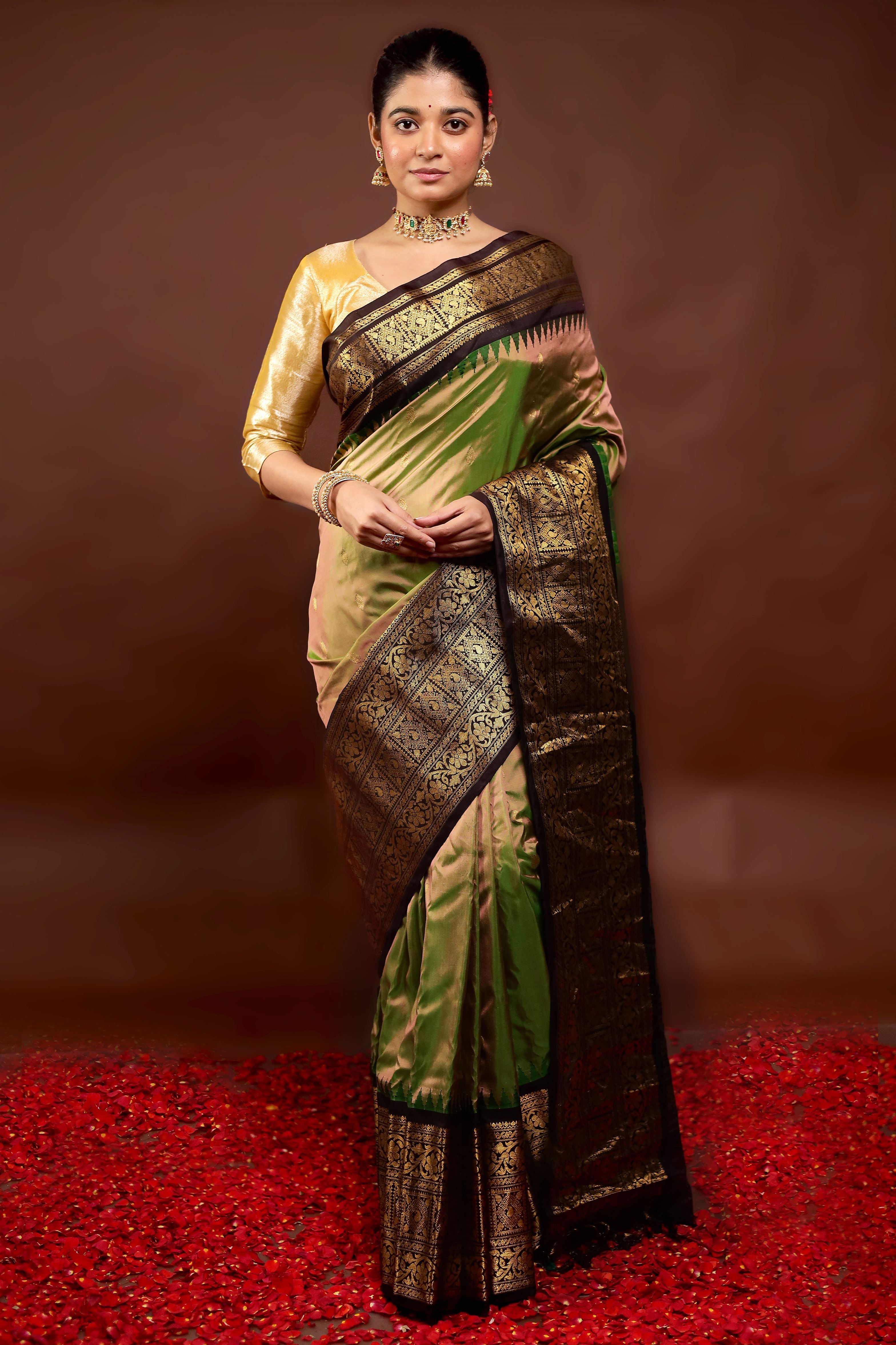 Green Gadwal Pure Silk Saree Without Blouse Piece