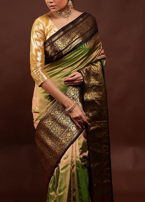 Green Gadwal Pure Silk Saree Without Blouse Piece