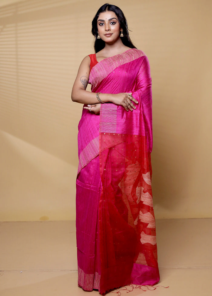 Pink Handloom Matka Pure Silk Saree With Blouse Piece