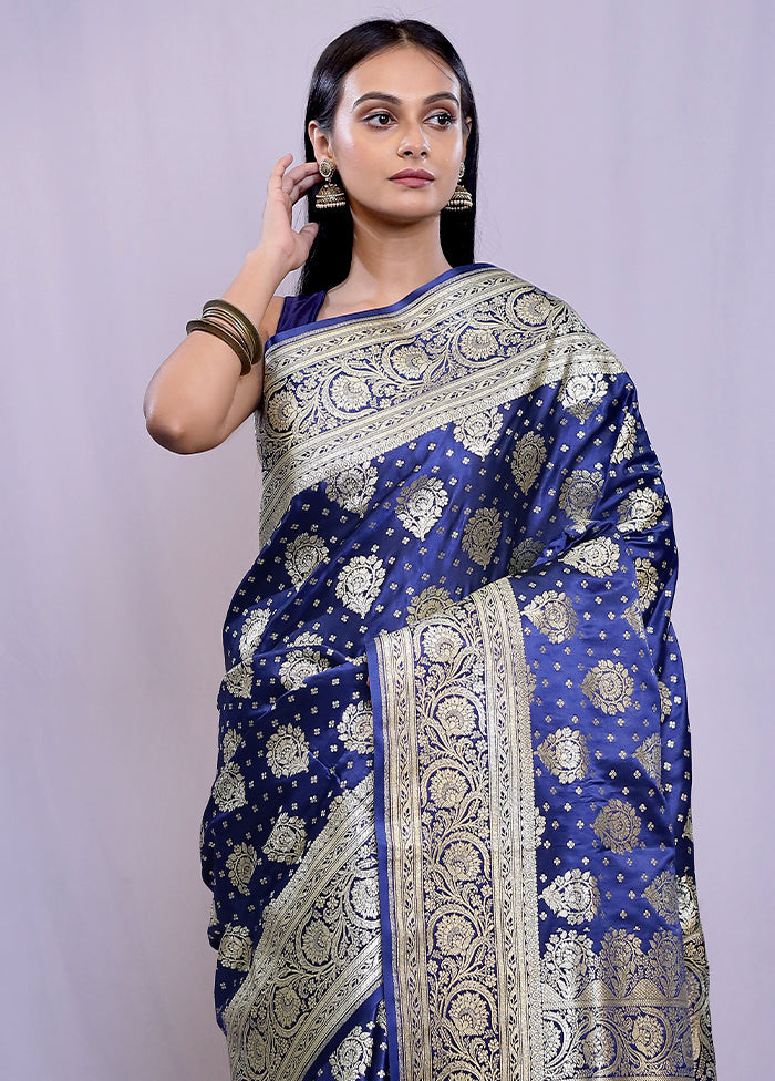 Blue Banarasi Silk Saree With Blouse Piece - Indian Silk House Agencies