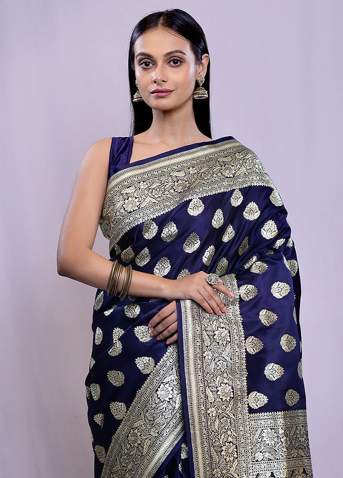 Blue Banarasi Silk Saree With Blouse Piece - Indian Silk House Agencies