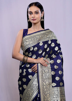 Blue Banarasi Silk Saree With Blouse Piece - Indian Silk House Agencies