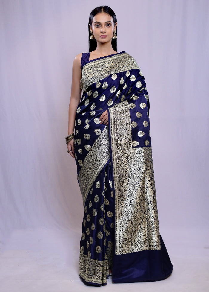 Blue Banarasi Silk Saree With Blouse Piece - Indian Silk House Agencies