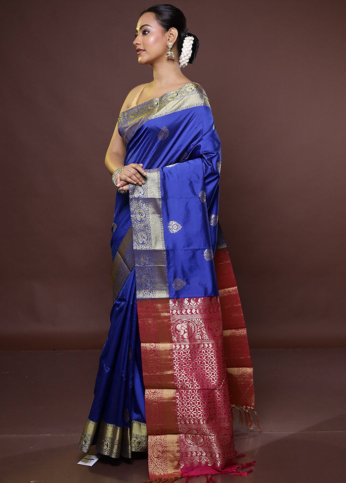 Blue Kanjivaram Silk Saree With Blouse Piece