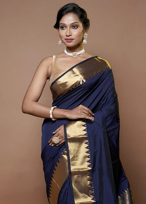 Blue Kanjivaram Silk Saree With Blouse Piece