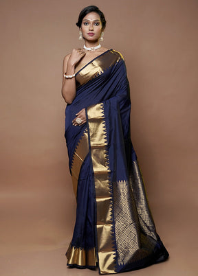 Blue Kanjivaram Silk Saree With Blouse Piece