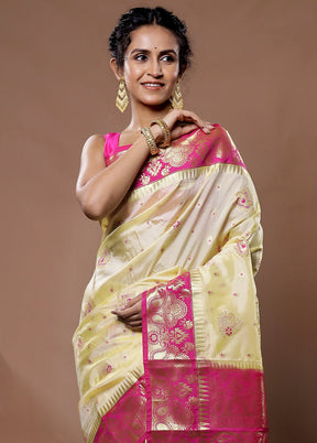 Cream Kanjivaram Silk Saree With Blouse Piece - Indian Silk House Agencies