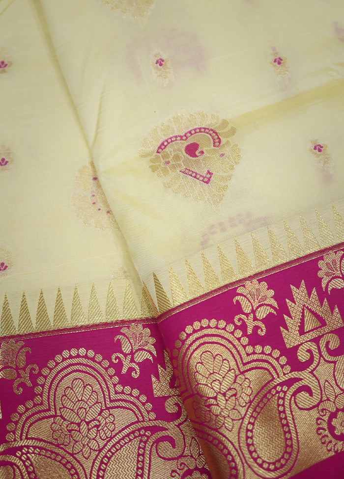 Cream Kanjivaram Silk Saree With Blouse Piece - Indian Silk House Agencies