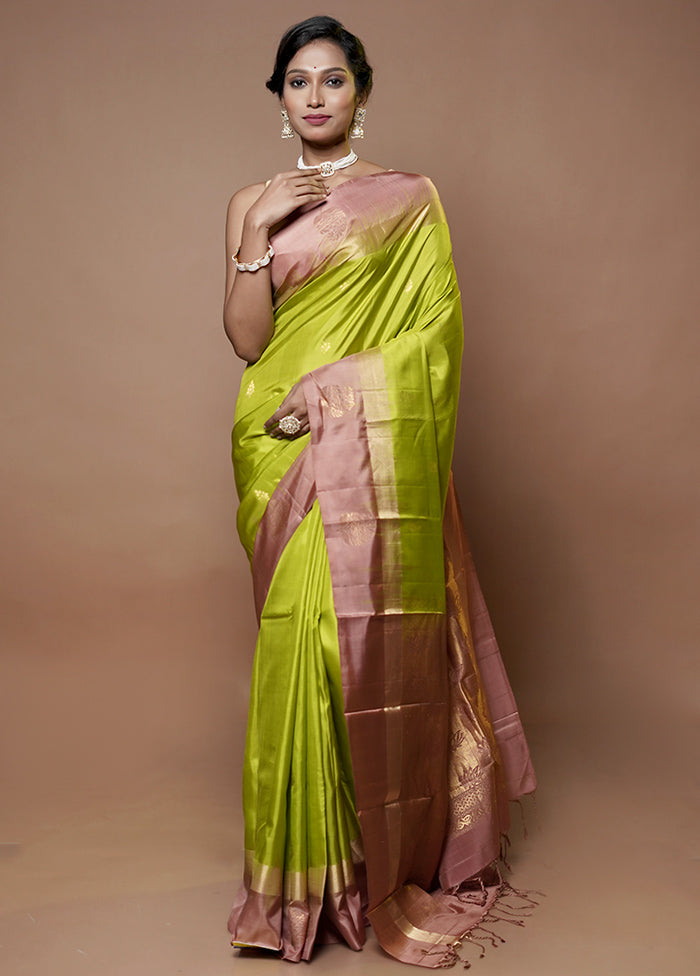 Green Handloom Kanjivaram Pure Silk Saree With Blouse Piece