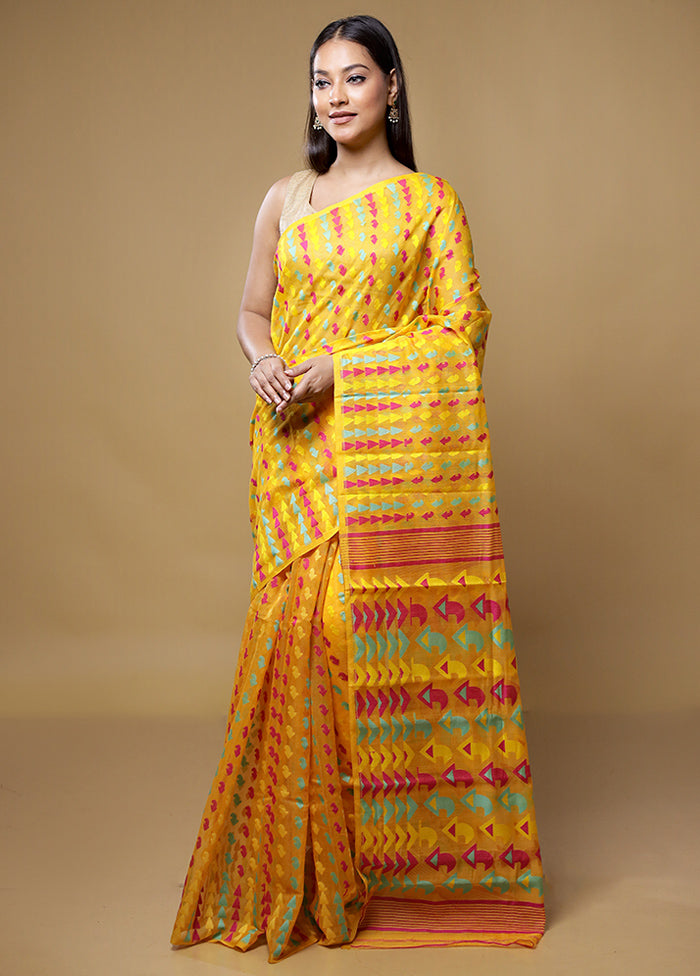 Yellow Jamdani Cotton Saree Without Blouse Piece