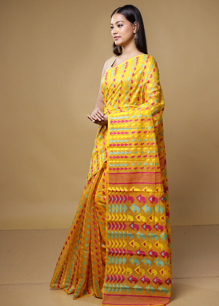 Yellow Jamdani Cotton Saree Without Blouse Piece