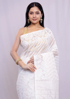 White Tant Cotton Saree Without Blouse Piece - Indian Silk House Agencies