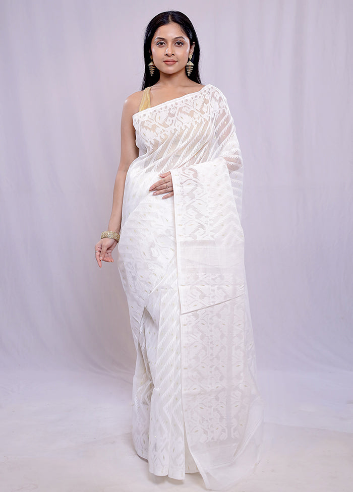 White Tant Cotton Saree Without Blouse Piece - Indian Silk House Agencies