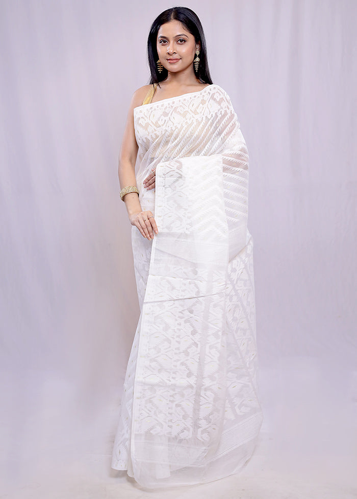 White Tant Cotton Saree Without Blouse Piece - Indian Silk House Agencies