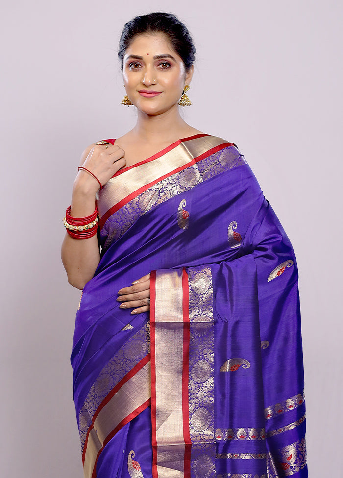 Blue Garad Pure Silk Saree Without Blouse Piece - Indian Silk House Agencies