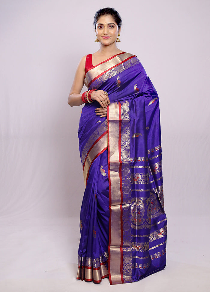 Blue Garad Pure Silk Saree Without Blouse Piece - Indian Silk House Agencies