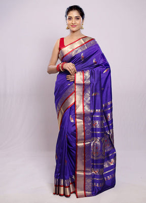 Blue Garad Pure Silk Saree Without Blouse Piece - Indian Silk House Agencies