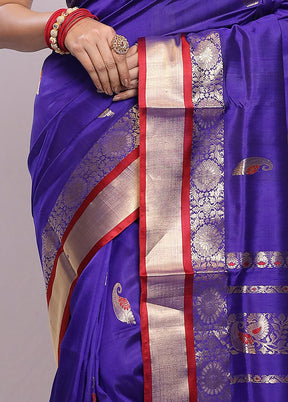 Blue Garad Pure Silk Saree Without Blouse Piece - Indian Silk House Agencies