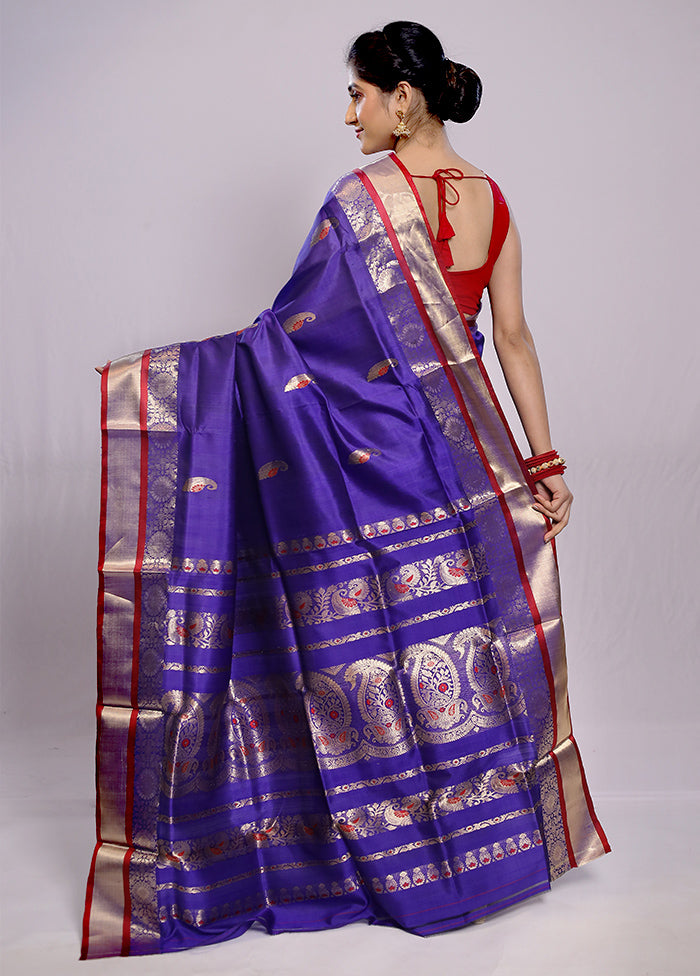 Blue Garad Pure Silk Saree Without Blouse Piece - Indian Silk House Agencies