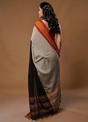 Grey Pure Khadi Cotton Saree With Blouse Piece - Indian Silk House Agencies