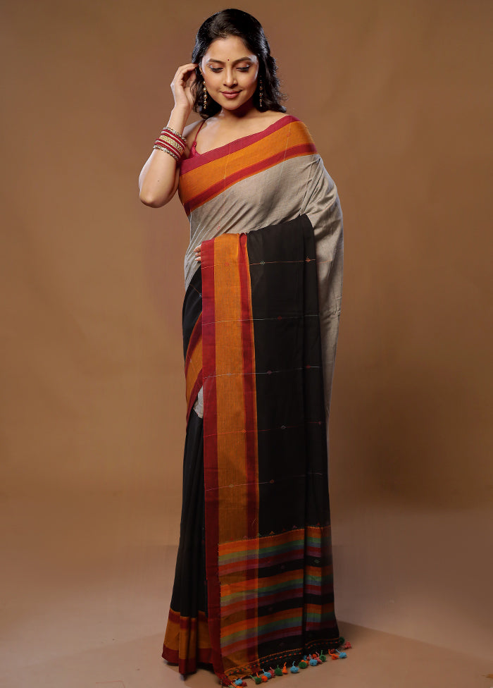 Grey Pure Khadi Cotton Saree With Blouse Piece - Indian Silk House Agencies