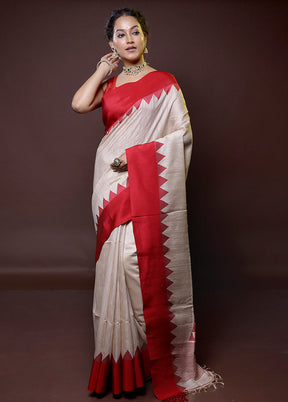 Cream Handloom Matka Pure Silk Saree With Blouse Piece