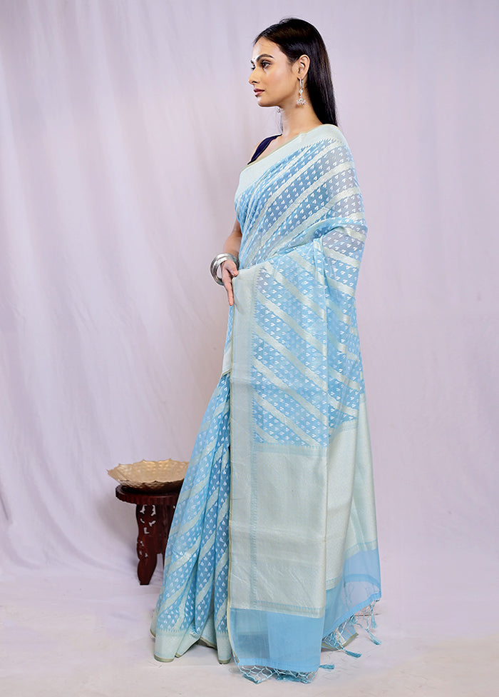 Blue Kora Silk Saree With Blouse Piece - Indian Silk House Agencies