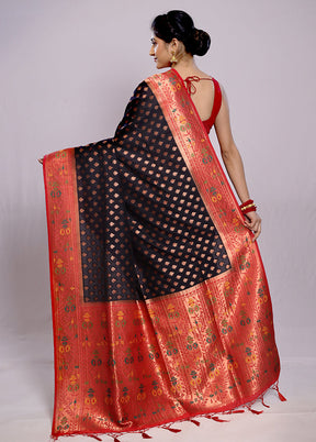 Black Dupion Silk Saree With Blouse Piece - Indian Silk House Agencies