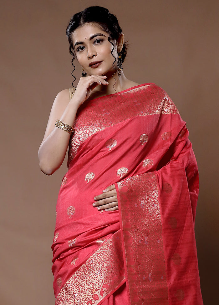 Red Dupion Silk Saree With Blouse Piece - Indian Silk House Agencies